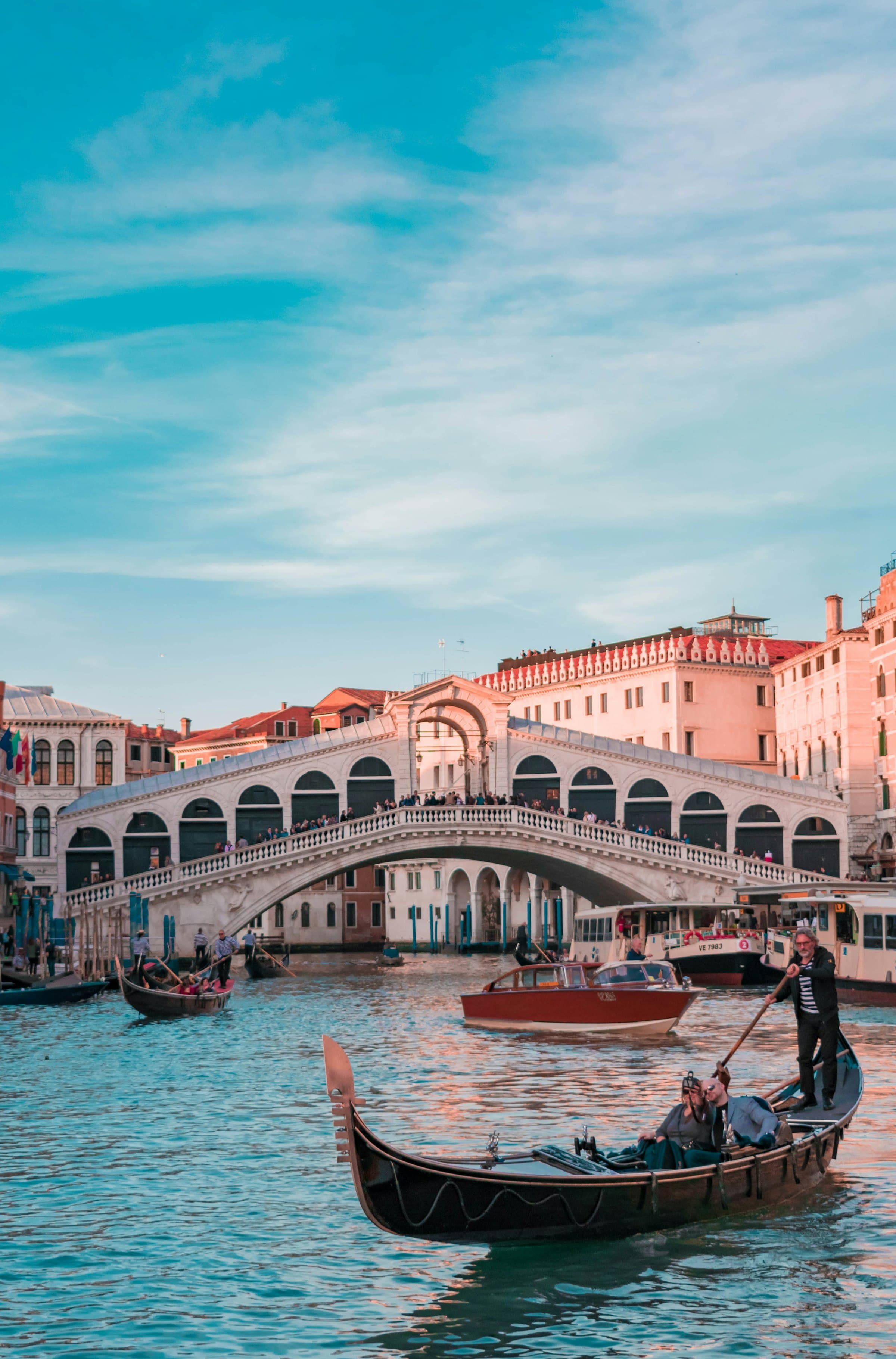 Gondolas on the Grand Canal in Venice at golden hour
