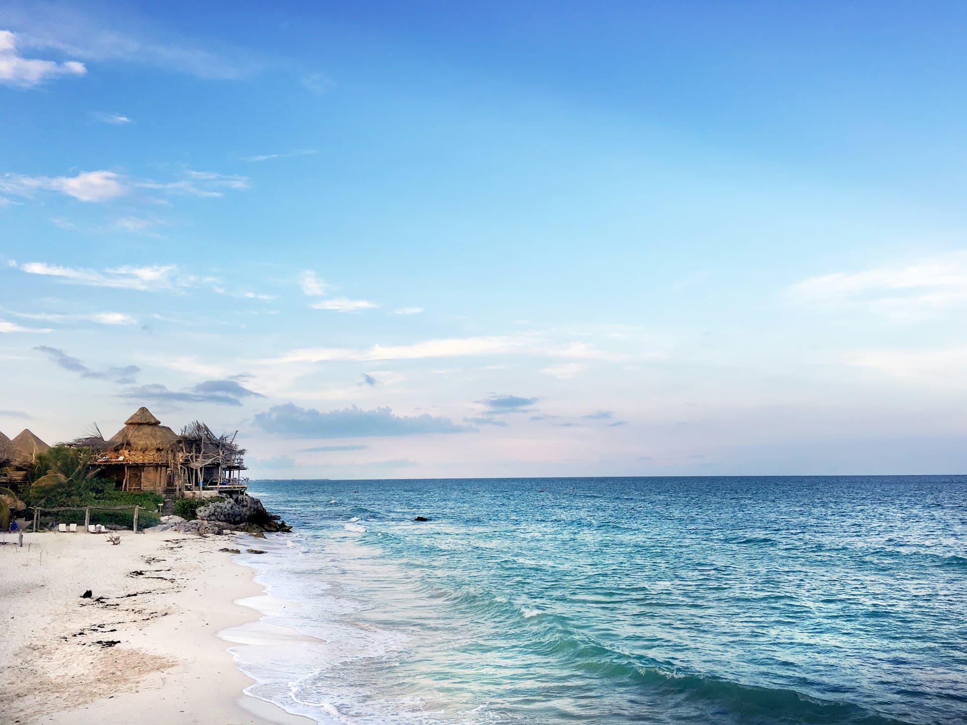 Beachfront huts on the Caribbean coast at Tulum, Mexico